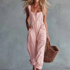 Light yellow denim jumpsuit with square neck and zip-front, women's pants by My Store, showcased in the image.