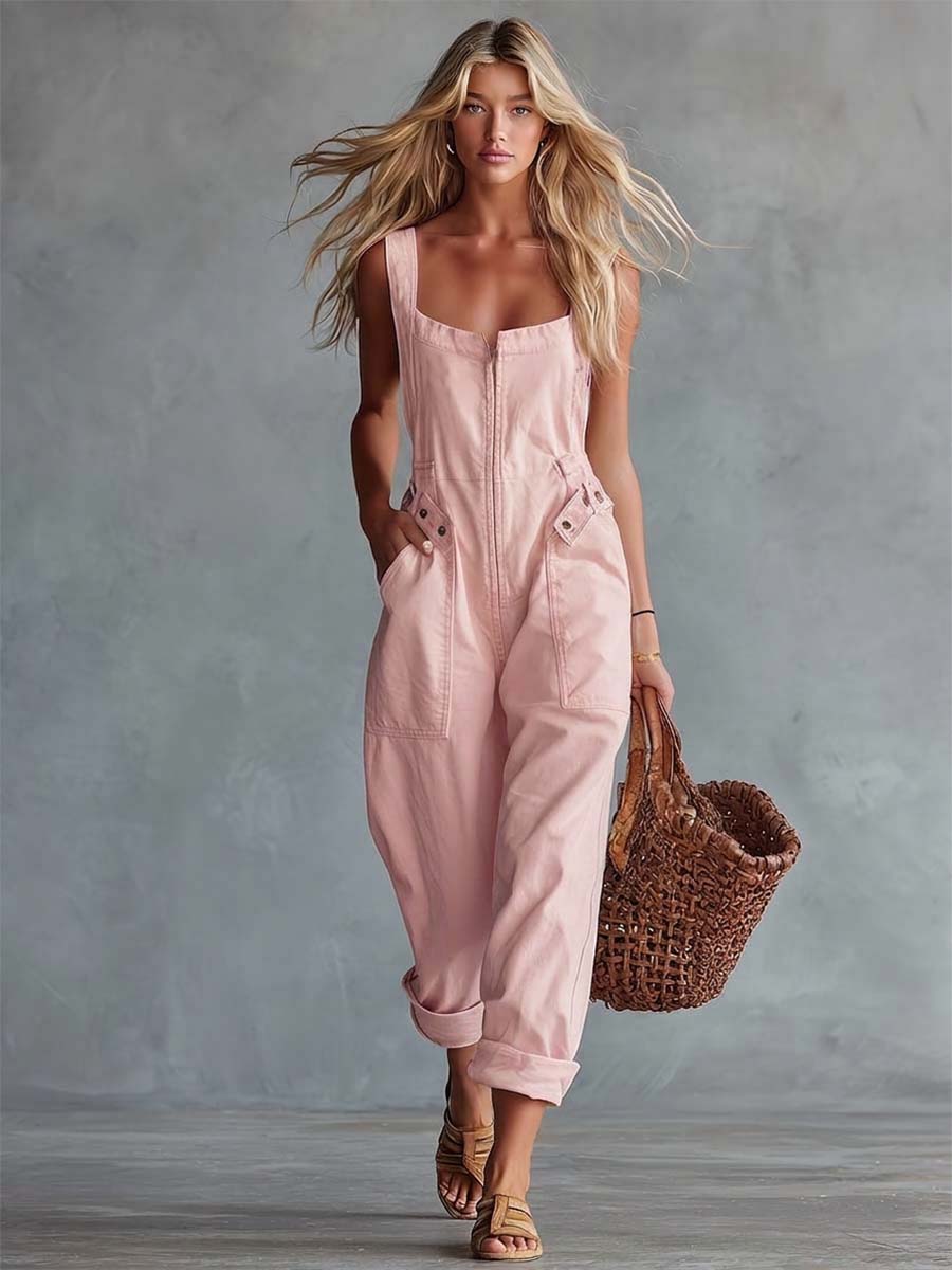Light yellow denim jumpsuit with square neck and zip-front, women's pants by My Store, showcased in the image.