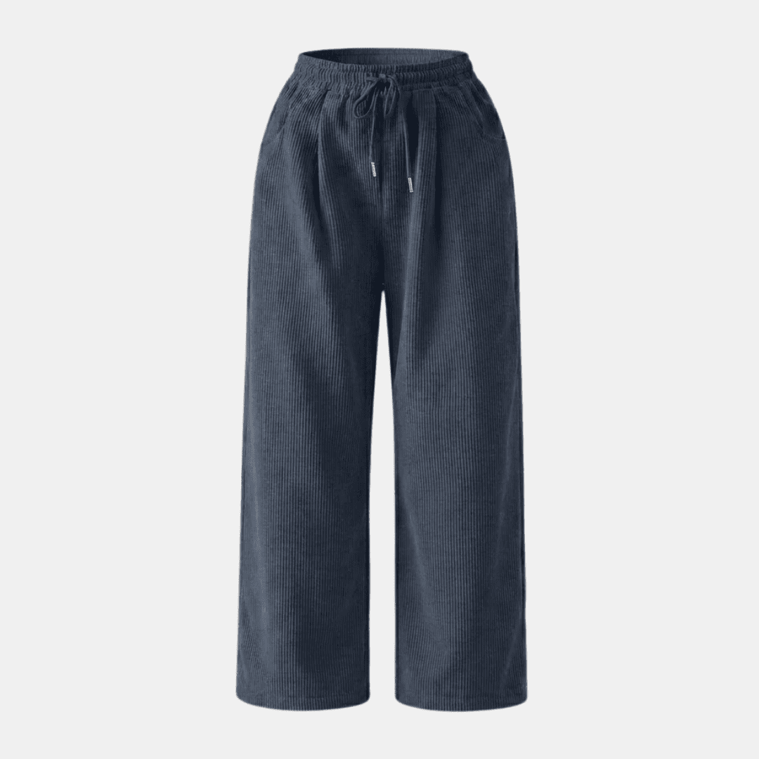 Women's wide-leg corduroy trousers by Tammy Bradley, relaxed fit, showcasing the textured fabric and stylish silhouette.