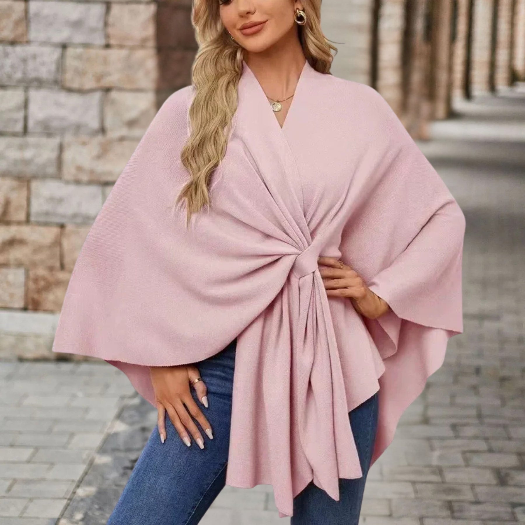 Poncho Sweater Women Draped Knot Detail Relaxed
