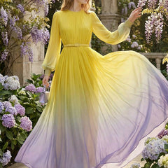 High waisted long sleeve maxi dress with belt, contrast color gradient, pleated design, split joint, round neck, by My Store.