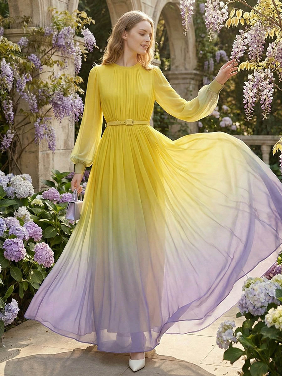 High waisted long sleeve maxi dress with belt, contrast color gradient, pleated design, split joint, round neck, by My Store.