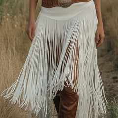 White suede tassel dress from My Store, casual dress with tassel details, displayed on a hanger against a neutral background.