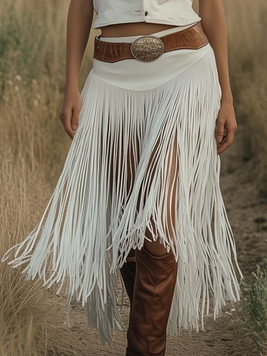White suede tassel dress from My Store, casual dress with tassel details, flowing silhouette and elegant style.
