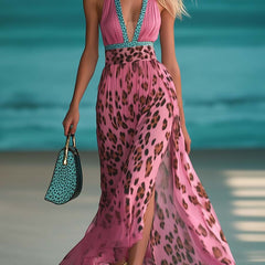 Pink chiffon V-neck maxi dress for women, flowing chiffon fabric, elegant evening or summer dress with sleeveless design.