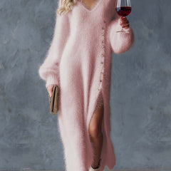 White knit V-neck midi dress for women with long sleeves and a fitted waist, styled for casual or semi-formal occasions.