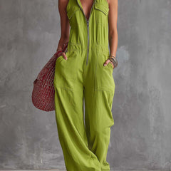 Bright green cotton linen women's jumpsuit with zip-front design, featuring long sleeves and a relaxed fit.