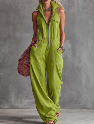 Bright green cotton linen women's jumpsuit with zip-front design, featuring long sleeves and a relaxed fit.