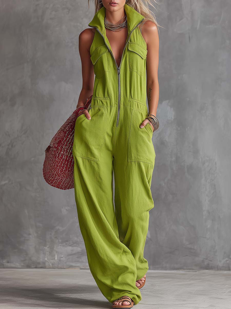 Bright green cotton linen women's jumpsuit with zip-front design, featuring long sleeves and a relaxed fit.