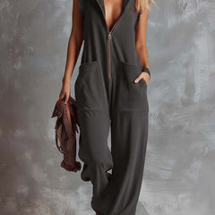 Raspberry red cotton hooded zip-front jumpsuit for women, featuring a comfortable fit and stylish design.