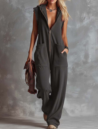 Raspberry red cotton hooded zip-front jumpsuit for women, featuring a comfortable fit and stylish design.
