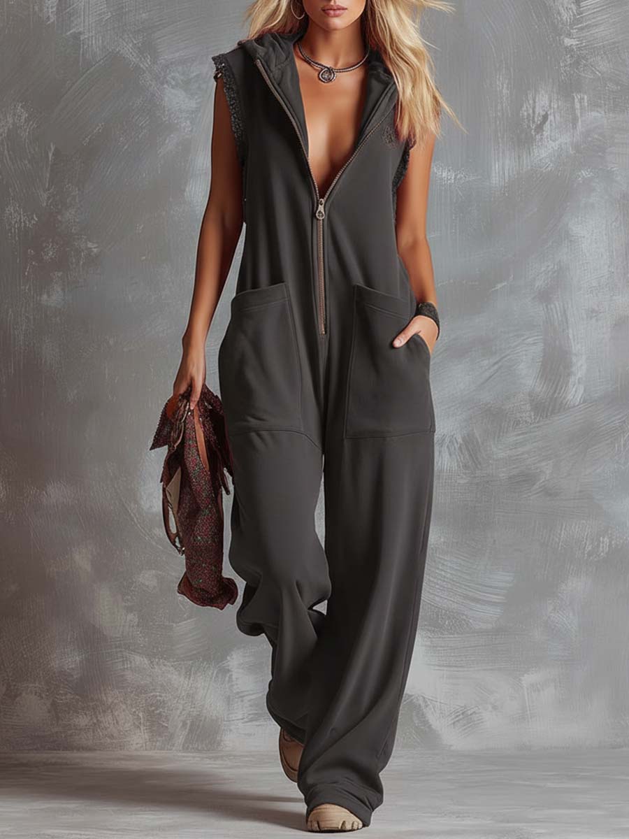 Raspberry red cotton hooded zip-front jumpsuit for women, featuring a comfortable fit and stylish design.