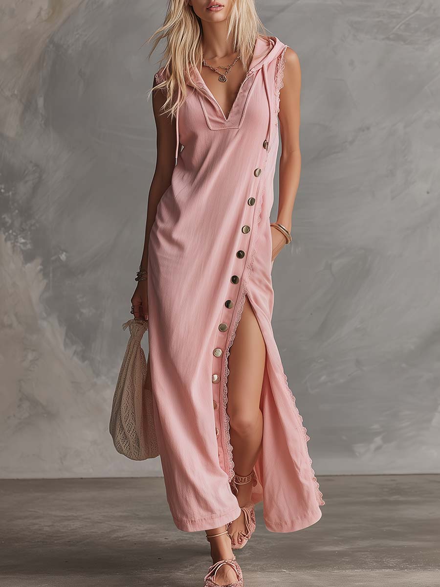Pink lace V-neck midi dress from My Store featuring intricate lace details and a flowing silhouette for elegant evening wear.