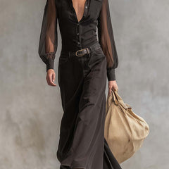 Black denim V-neck maxi dress from My Store featuring a casual style, sleeveless design, and flowing length.