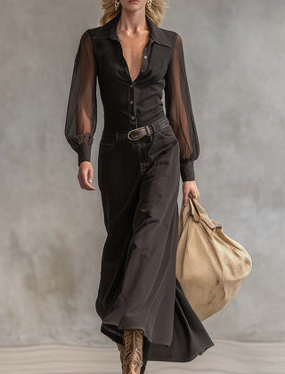 Black denim V-neck maxi dress from My Store featuring a casual style, sleeveless design, and flowing length.