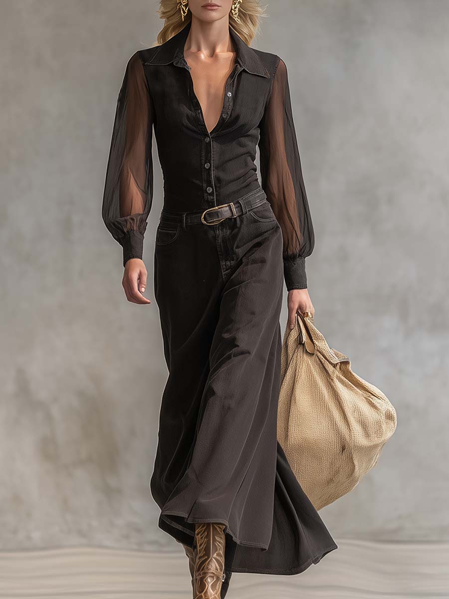 Black denim V-neck maxi dress from My Store featuring a casual style, sleeveless design, and flowing length.