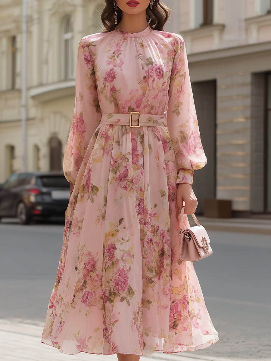Tammy Bradley blush floral chiffon A-line midi dress for women, featuring a flowy design and floral pattern.