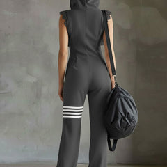 Black striped sleeveless hooded jumpsuit for women, stylish and comfortable pants with a hood and sleeveless design.