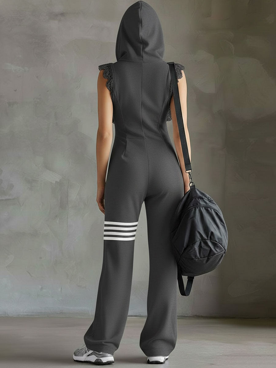 Black striped sleeveless hooded jumpsuit for women, stylish and comfortable pants with a hood and sleeveless design.