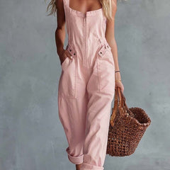 Light yellow denim jumpsuit for women with square neck and zip front, full-length pants, casual style.