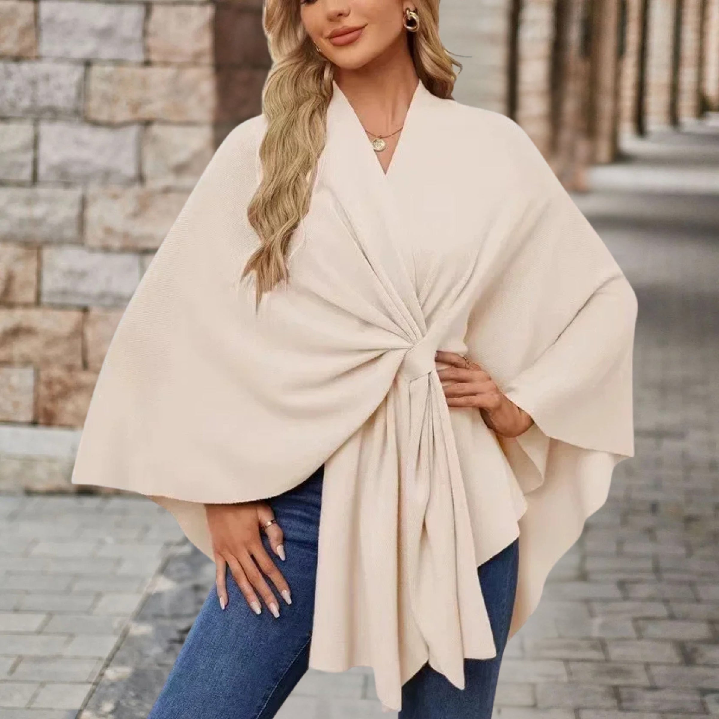 Poncho Sweater Women Draped Knot Detail Relaxed