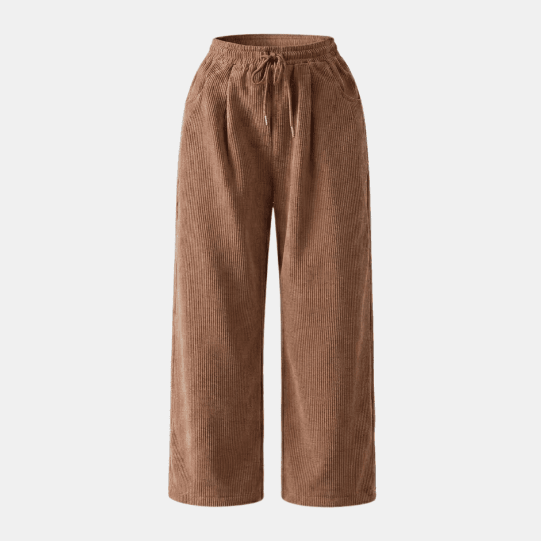 Women’s corduroy relaxed wide-leg trousers by Tammy Bradley, showing the soft textured fabric and loose fit style.