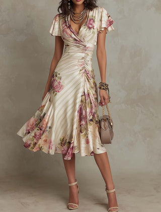 Elegant chiffon floral midi dress from My Store, featuring a flowing design and vibrant floral patterns for evening wear.