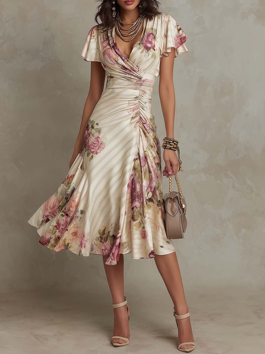 Elegant chiffon floral midi dress from My Store, featuring a flowing design and vibrant floral patterns for evening wear.