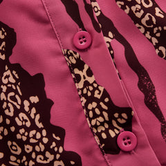 Rose red leopard print chiffon long sleeve jumpsuit for women, featuring stylish pants design with a flowing, elegant fabric.