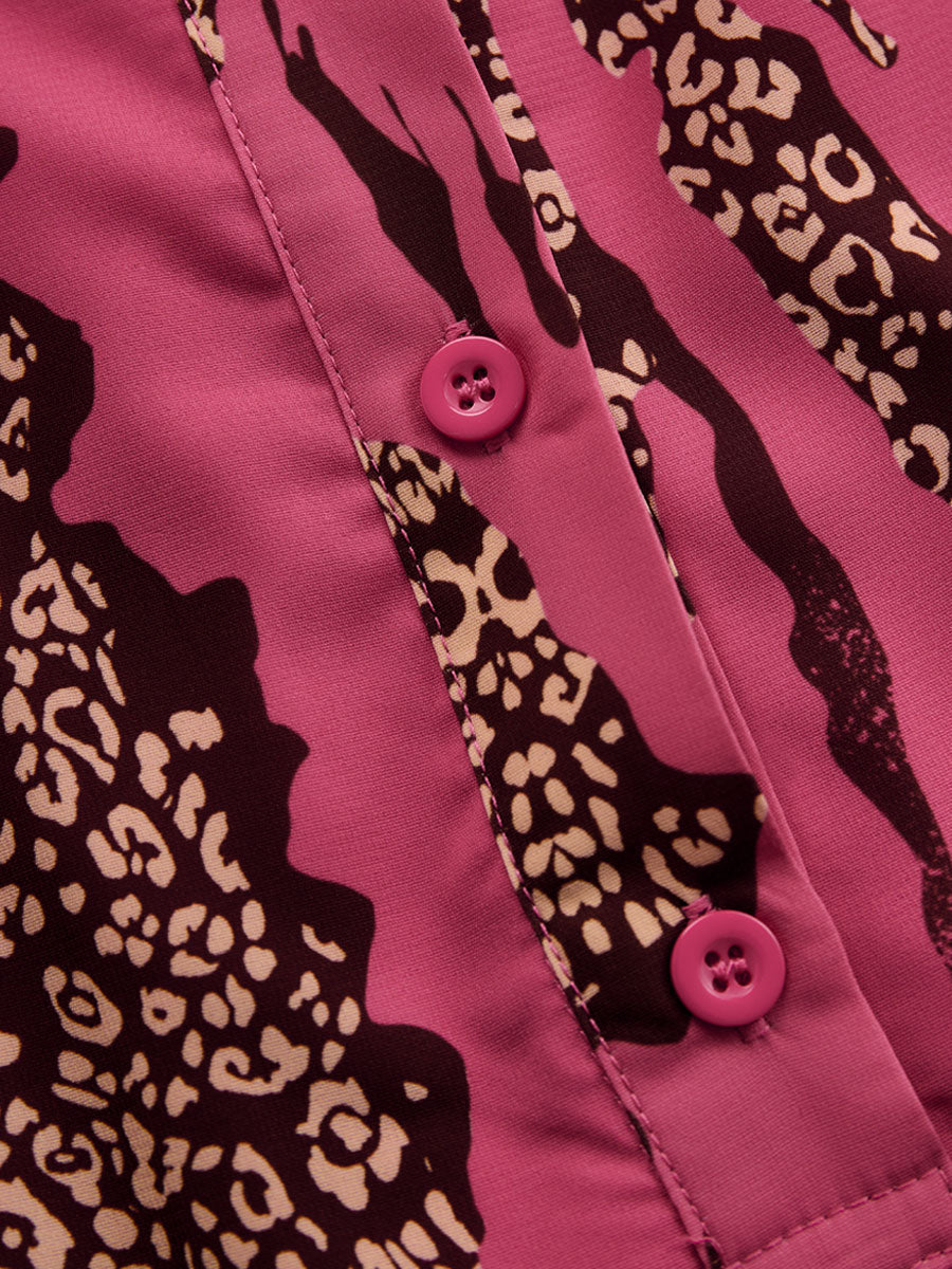 Rose red leopard print chiffon long sleeve jumpsuit for women, featuring stylish pants design with a flowing, elegant fabric.