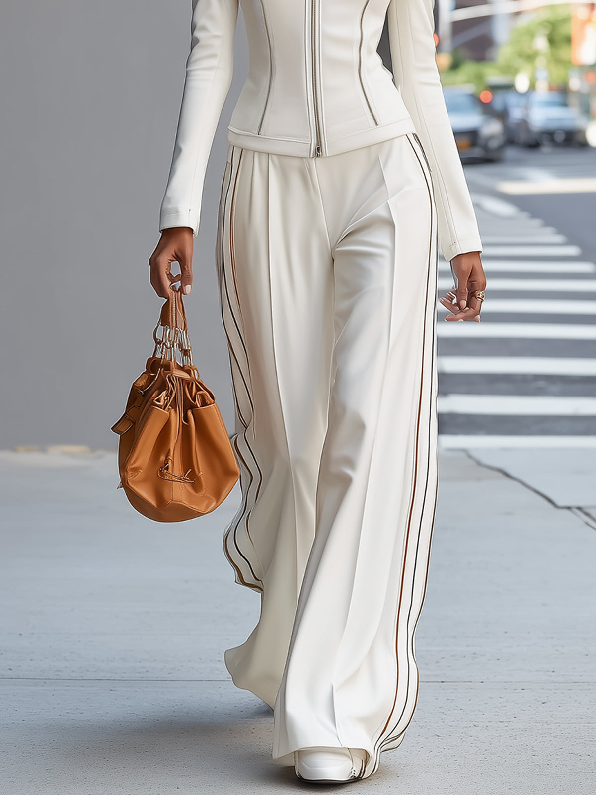 White stand collar zip-up wide-leg women's trouser suit with tailored pants and matching top, stylish and modern.