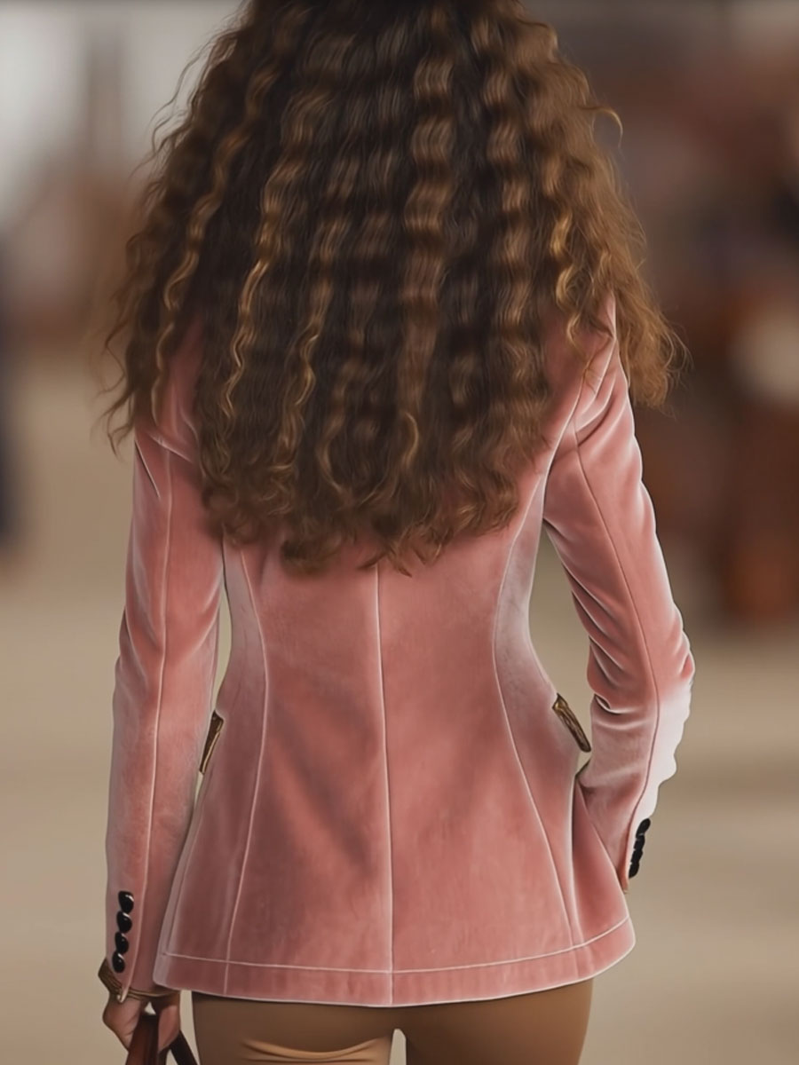 Pink velvet leopard print blazer with one button, stylish jackets and blazers by My Store, shown on a mannequin.