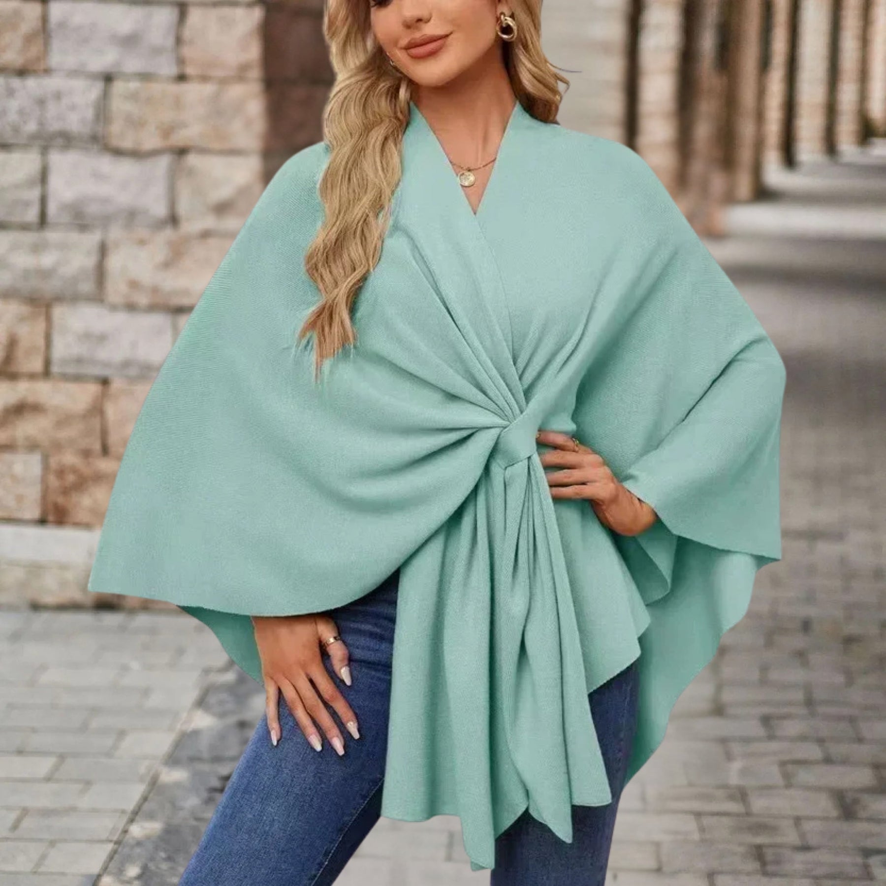 Poncho Sweater Women Draped Knot Detail Relaxed