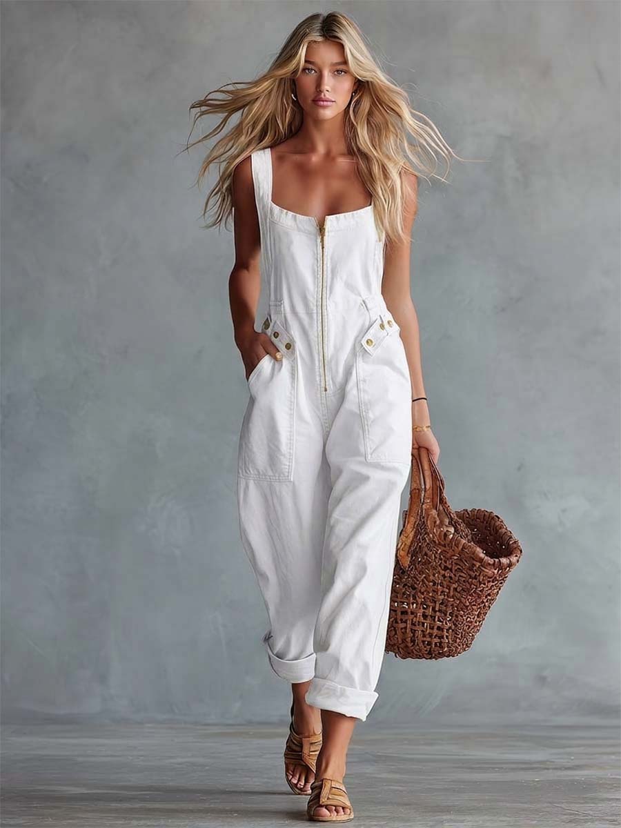Light yellow denim women's jumpsuit with square neckline and zip-front, featuring stylish design and tailored fit.