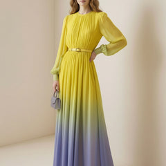 High waisted long sleeve maxi dress with belt, contrast color gradient, pleated design, split-joint, and round neck by My Store.