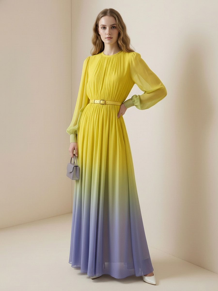 High waisted long sleeve maxi dress with belt, contrast color gradient, pleated design, split-joint, and round neck by My Store.