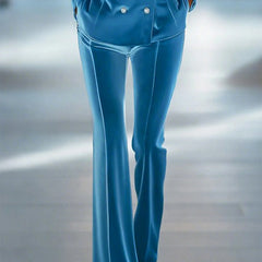 Blue loose velvet flared women's trousers with wide legs and high waist, stylish pants for women.