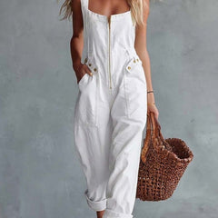 Light yellow denim square neck zip-front jumpsuit for women, featuring long sleeves and a fitted waistband.