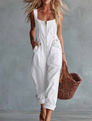 Light yellow denim square neck zip-front jumpsuit for women, featuring long sleeves and a fitted waistband.