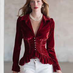 Red velvet pleated ruffled long sleeve blouse from My Store, featuring a stylish design and elegant details.