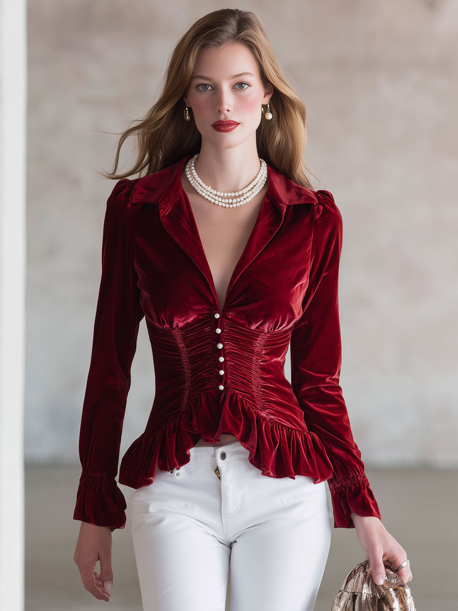 Red velvet pleated ruffled long sleeve blouse from My Store, featuring a stylish design and elegant details.