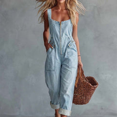 Light yellow denim jumpsuit for women with square neck and zip-front, featuring pants style and casual fit.