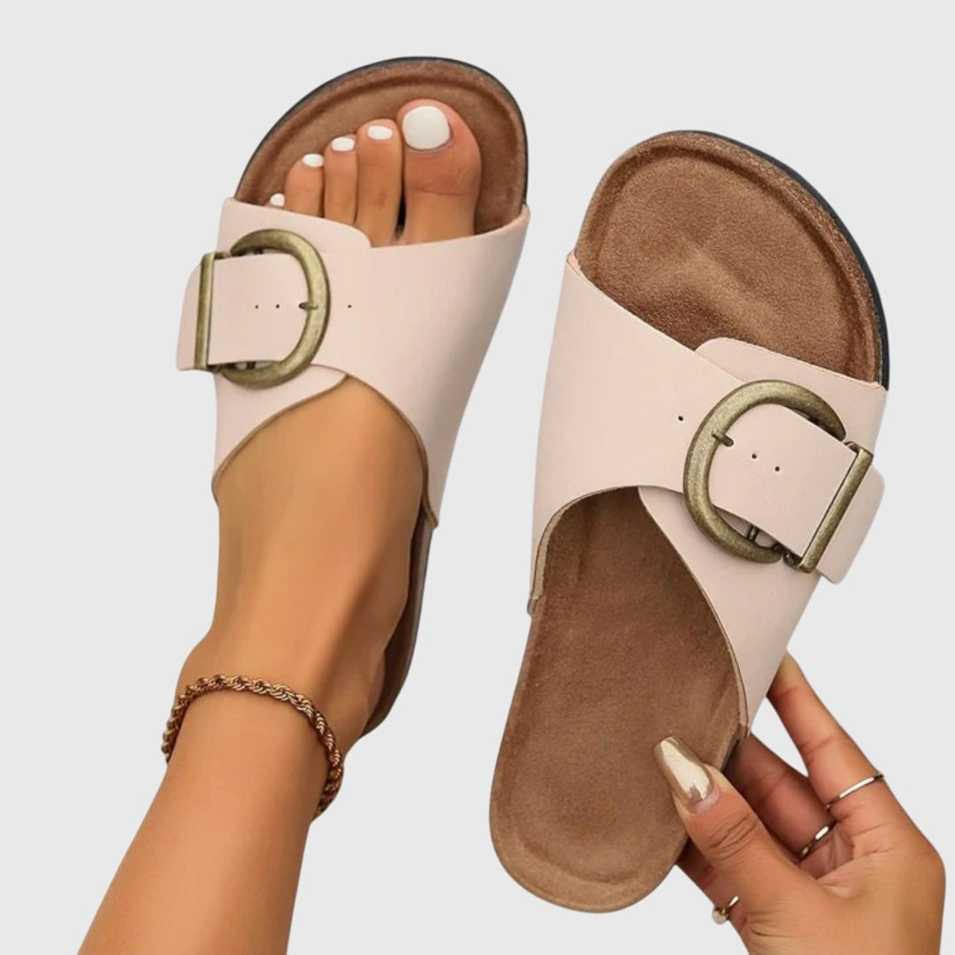 Adjustable buckle strap orthopedic women's sandals with cushioned footbed and supportive sole for comfortable walking.