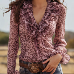 Pink leopard print chiffon blouse with ruffled lace V-neck, stylish women's top from My Store.