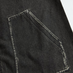 Women's casual loose retro denim jumpsuit with hood, zipper front, long sleeves, and pocket details.