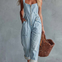 Light yellow denim women's jumpsuit with square neckline and zip-front, featuring stylish pant design by My Store.