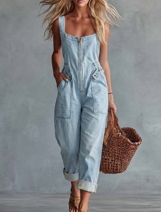 Light yellow denim women's jumpsuit with square neckline and zip-front, featuring stylish pant design by My Store.