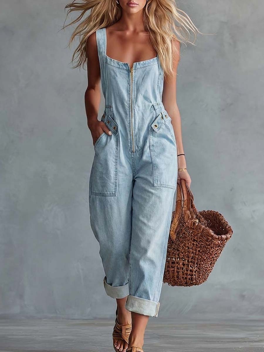 Light yellow denim women's jumpsuit with square neckline and zip-front, featuring stylish pant design by My Store.