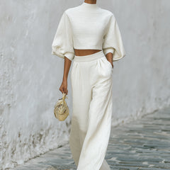Cream textured lantern sleeve two-piece set with pants for women, stylish and comfortable fashion outfit from My Store.