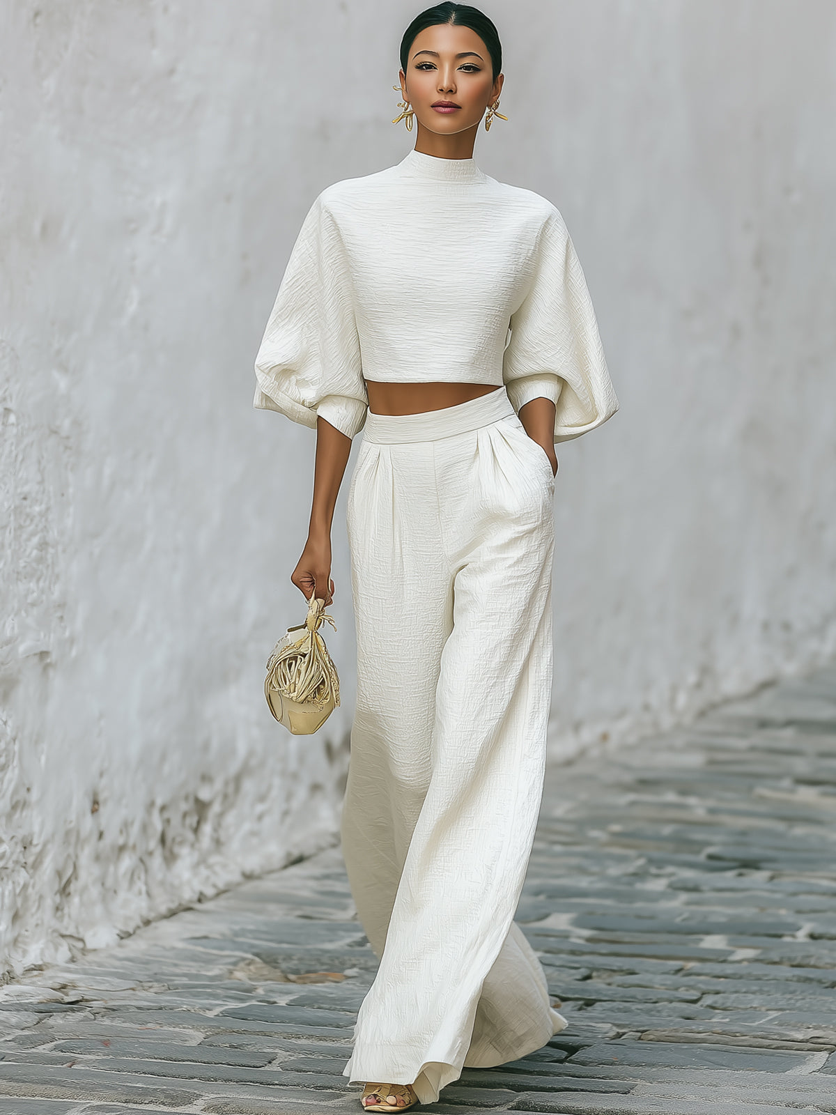Cream textured lantern sleeve two-piece set with pants for women, stylish and comfortable fashion outfit from My Store.